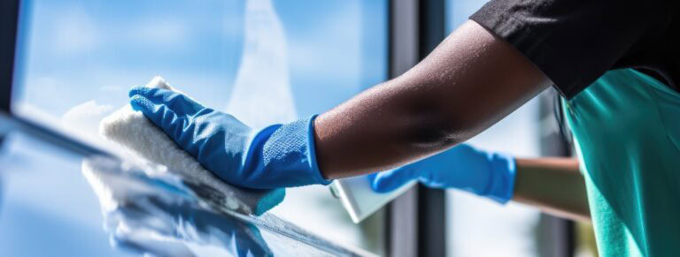 Person mit blauen Gummihandschuhen, die ein Fenster mit einem Schwamm putzt, wobei sich ein klarer blauer Himmel im Glas spiegelt